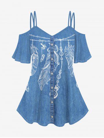 Plus Size 3D Jeans Buttons And Chains Leaves Feather Print Strap Off Shoulder Tee - LIGHT BLUE - 1X | US 14-16