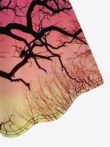 Plus Size Cold Shoulder Tree Branch Sunset Printed A Line Dress