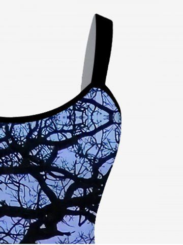 Plus Size Cold Shoulder Tree Branch Sunset Printed A Line Dress