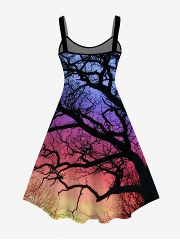 Plus Size Cold Shoulder Tree Branch Sunset Printed A Line Dress
