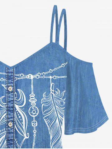 Plus Size 3D Jeans Buttons And Chains Leaves Feather Print Strap Off Shoulder Tee