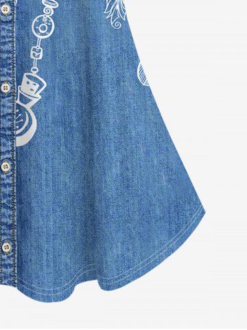 Plus Size 3D Jeans Buttons And Chains Leaves Feather Print Strap Off Shoulder Tee
