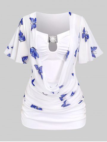 Plus Size Butterfly Print Buckle Keyhole Neck Ruched Short Sleeve T-Shirt