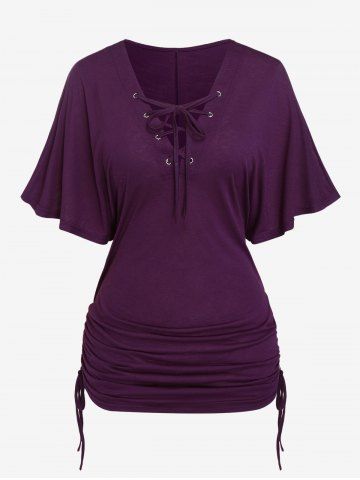 Plus Size Lace-up Cinched Ruched Batwing Sleeves Solid Tee - CONCORD - 1X | US 14-16