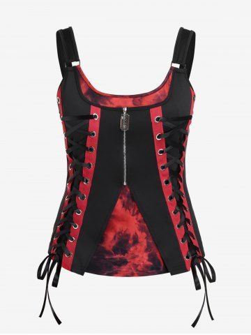 Gothic  Lace-up Tie Dye Zip Front Tank Top