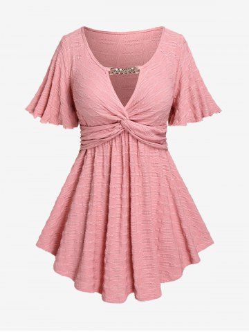 Plus Size Chain Panel Ruffles Twist Knitted Textured Top - LIGHT PINK - 4X | US 26-28