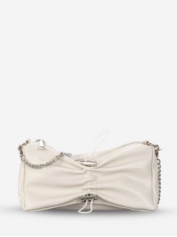 Toggle Drawstring Ruched Zippered Chain Strap Shoulder Bag - WHITE