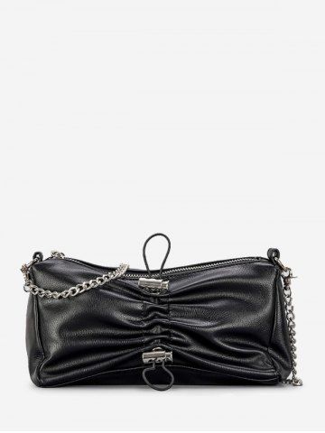 Toggle Drawstring Ruched Zippered Chain Strap Shoulder Bag - BLACK
