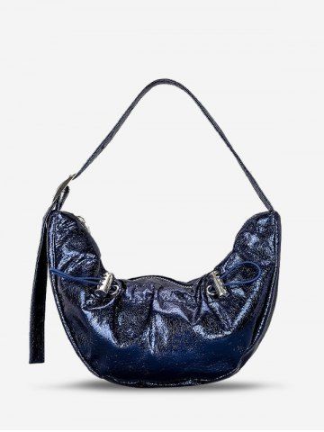 Metallic Glitter Sparkly Ruched Shoulder Half Moon Croissant Bag - DEEP BLUE