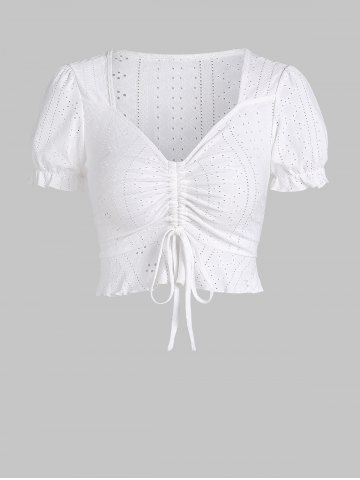 V Neck Ruffle Short Sleeves Eyelet Openwork Cinched Crop Tee - WHITE - M