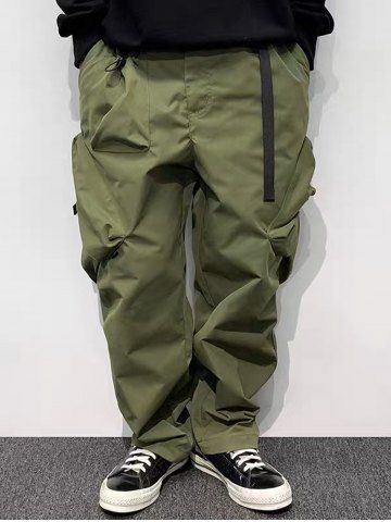 Buckle Belt Solid Color Windbreaker Cargo Parachute Pants - GREEN - S