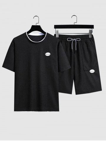 Label Design Textured Short Sleeves T-shirt and Shorts Set - BLACK - XS