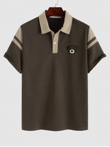 Colorblock Cartoon Bear Decor Polo Collared T Shirt - DEEP COFFEE - S