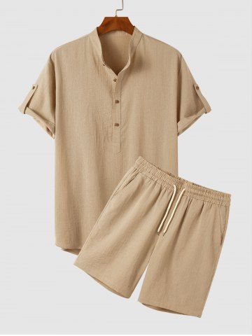 Half Button Roll Up Sleeves Popover Shirt With Drawstring Shorts Two Piece Set - TAN - S