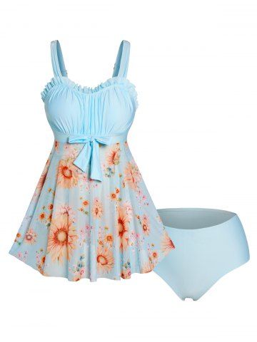 Plus Size Vacation Sunflower Mesh Bowknot Pastel Color Ruffle Tankini Swimsuit - LIGHT BLUE - 1X