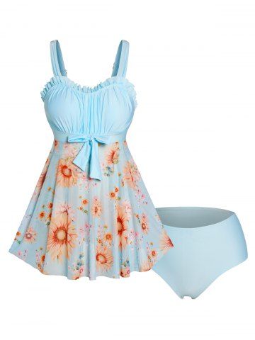 Plus Size Vacation Sunflower Mesh Bowknot Pastel Color Ruffle Tankini Swimsuit - LIGHT BLUE - 3X