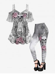 Gothic Skull Rose Wing Print Open Shoulder T-shirt and Skull Rose Print Leggings Outfit -  