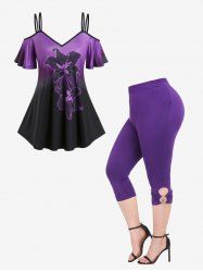 Flower Print Ombre Color Cold Shoulder Tee and Cutout Pull On Capri Pants Plus Size Outfits -  