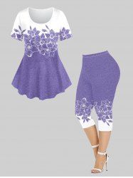 T-shirt et Legging Capri Fleur Imprimé Bicolore de Grande Taille - Pourpre  