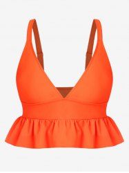 Haut de Tankini Péplum Plongeant Néon Matelassé de Grande Taille à Volants - Orange L
