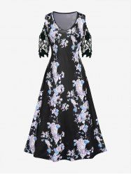 Plus Size Floral Lace Sleeves Cold Shoulder Maxi Dress -  