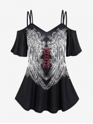 Gothic 3D Lace-up Wings Print Cold Shoulder Top -  