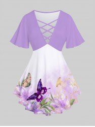 Plus Size Butterfly Flower Printed Crisscross Ombre Short Sleeves Tee -  