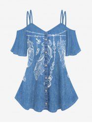 Plus Size 3D Jeans Buttons And Chains Leaves Feather Print Strap Off Shoulder Tee -  