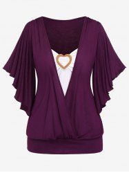 Plus Size Ruched Heart Buckle Surplice Butterfly Sleeves T-shirt -  