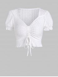 V Neck Ruffle Short Sleeves Eyelet Openwork Cinched Crop Tee -  