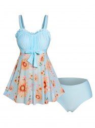 Plus Size Vacation Sunflower Mesh Bowknot Pastel Color Ruffle Tankini Swimsuit -  