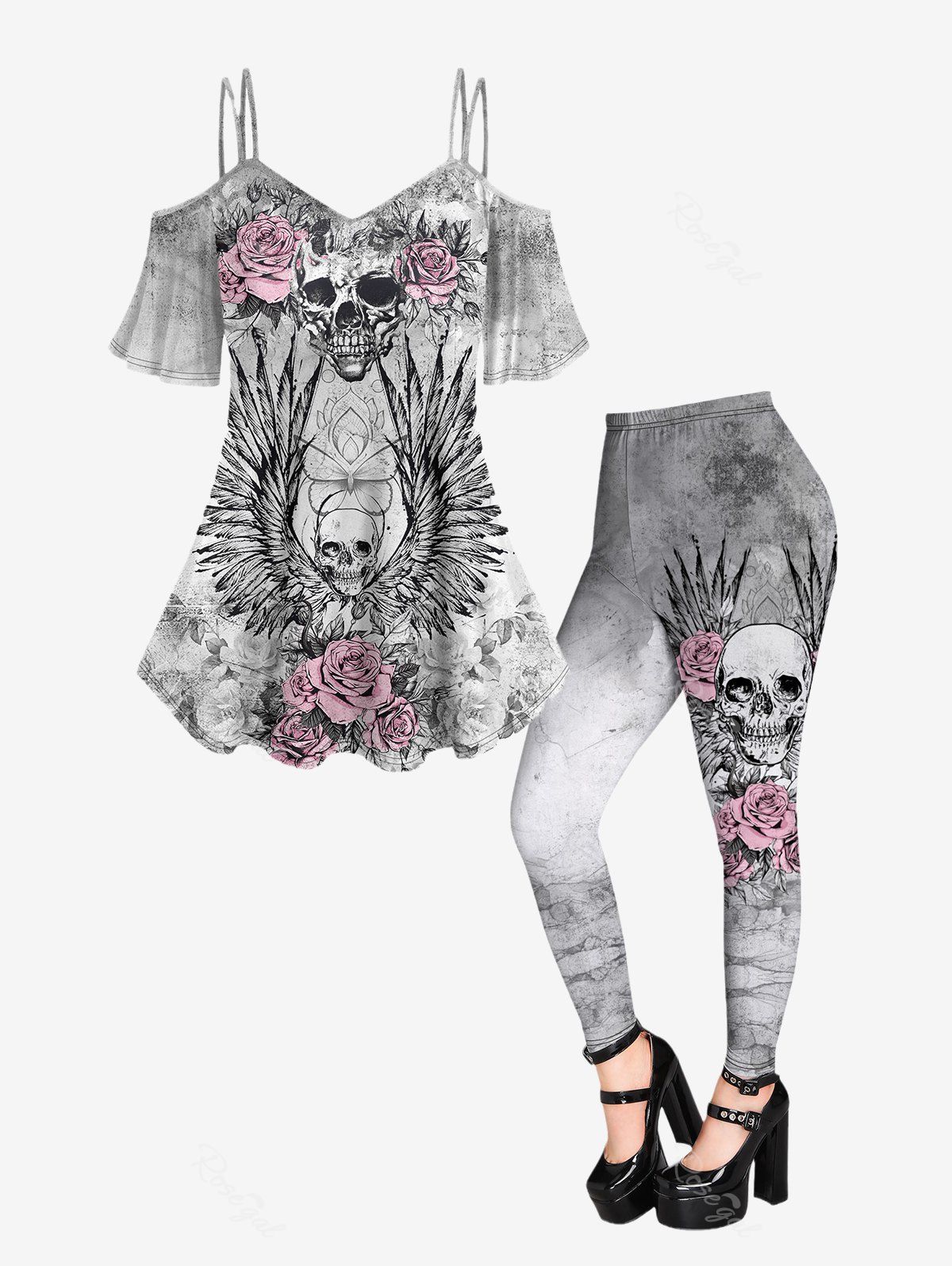 Shop Gothic Skull Rose Wing Print Open Shoulder T-shirt and Skull Rose Print Leggings Outfit  