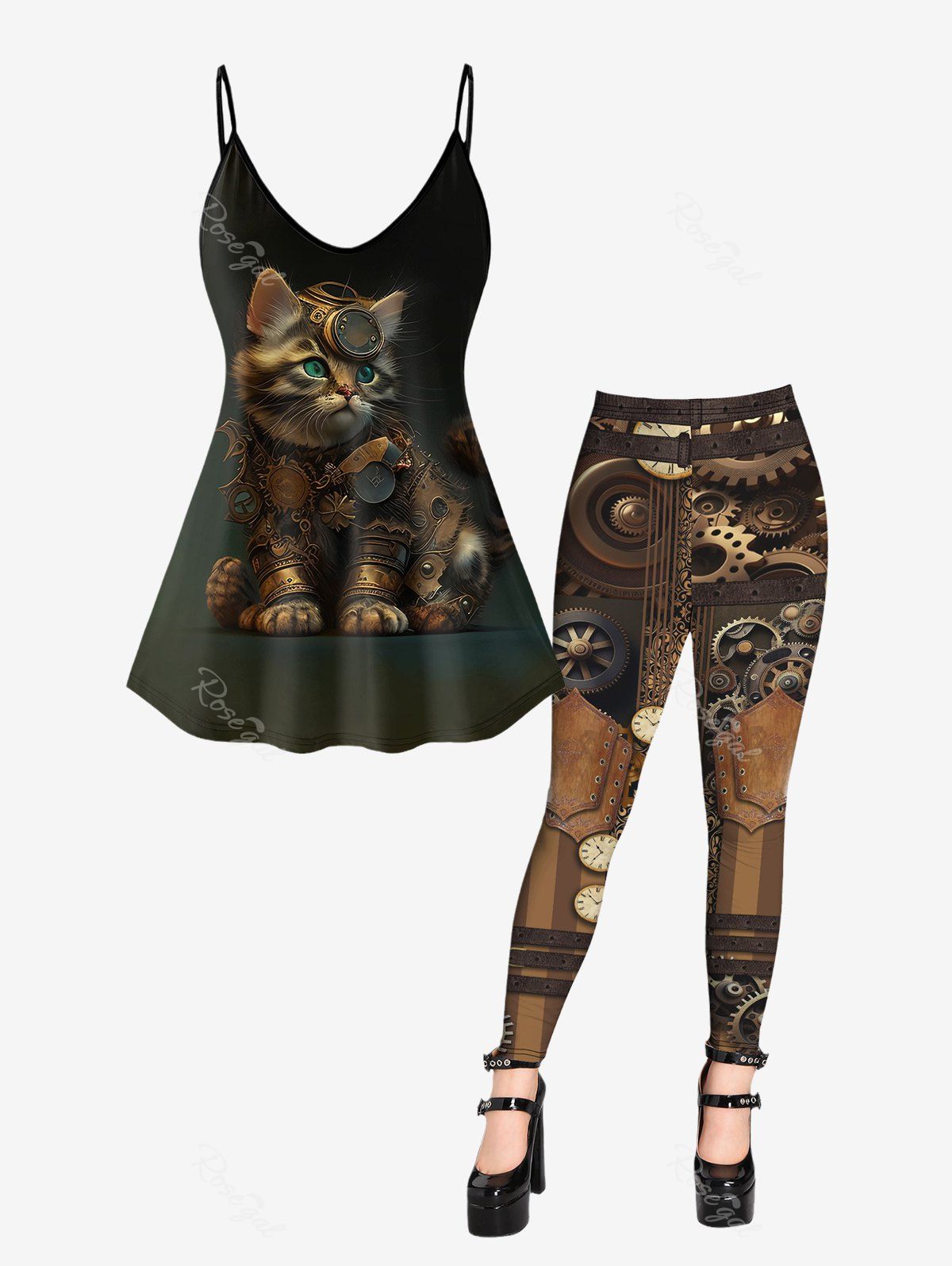 Unique Gothic Cat Print Sleeveless Top and 3D Print Leggings Outfit  