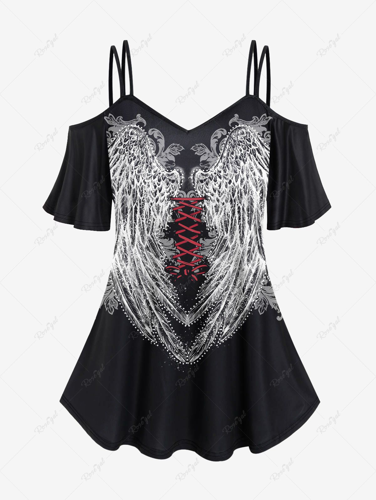 Cheap Gothic 3D Lace-up Wings Print Cold Shoulder Top  