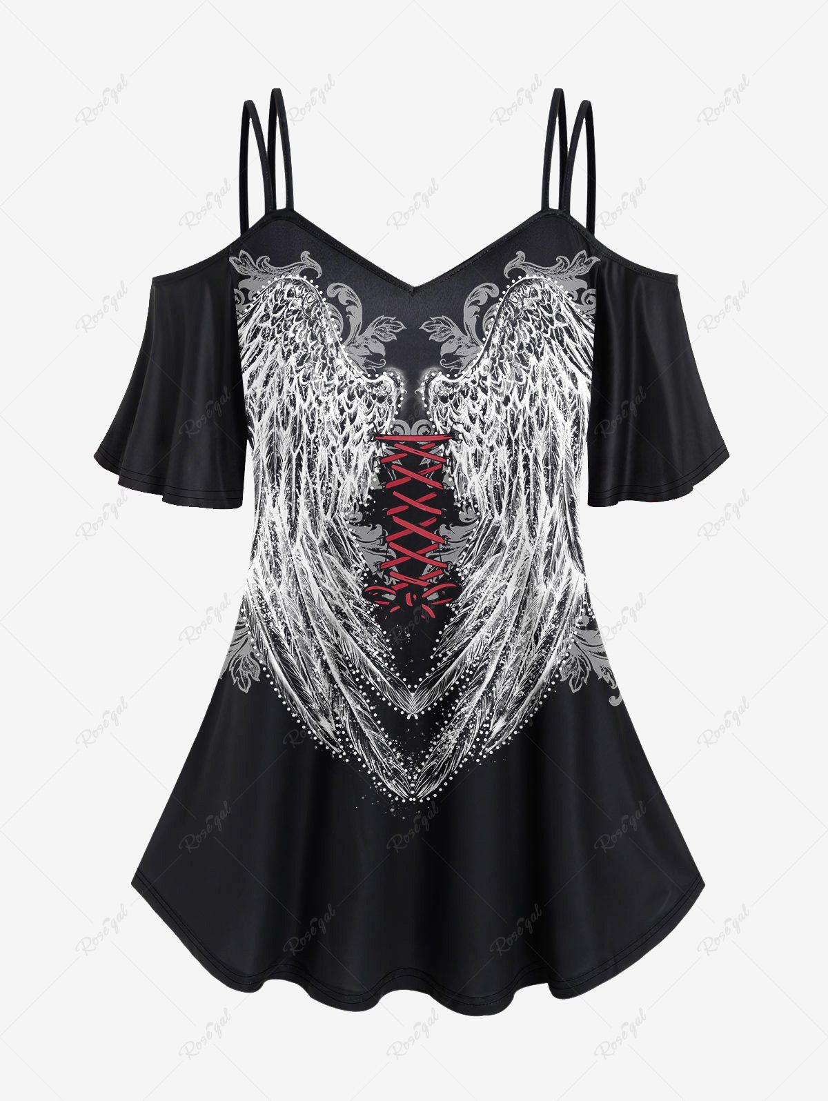Best Gothic 3D Lace-up Wings Print Cold Shoulder Top  