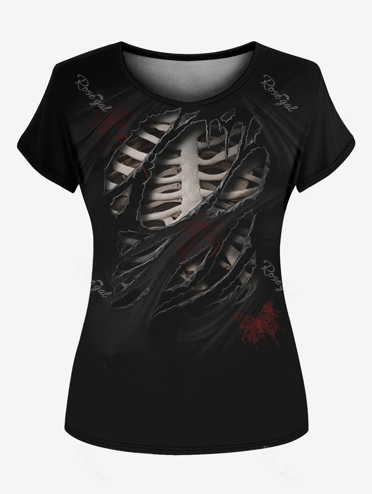 T-shirt Gothique Déchiré Imprimé Papillon Squelette 3D Noir 3XL