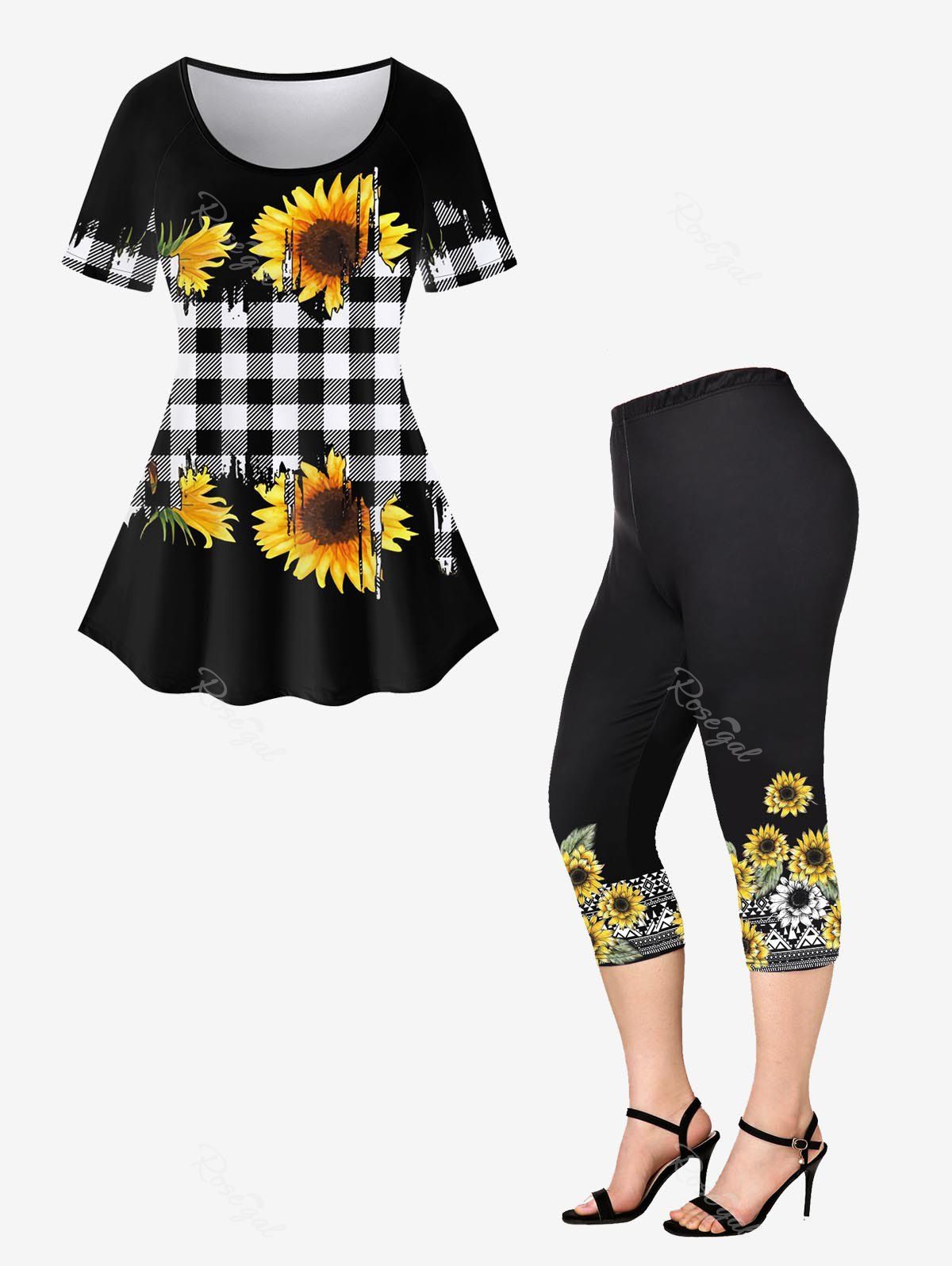Chic Sunflowers Checkered Print Raglan Sleeves Tee and Capri Leggings Plus Size Outfits  