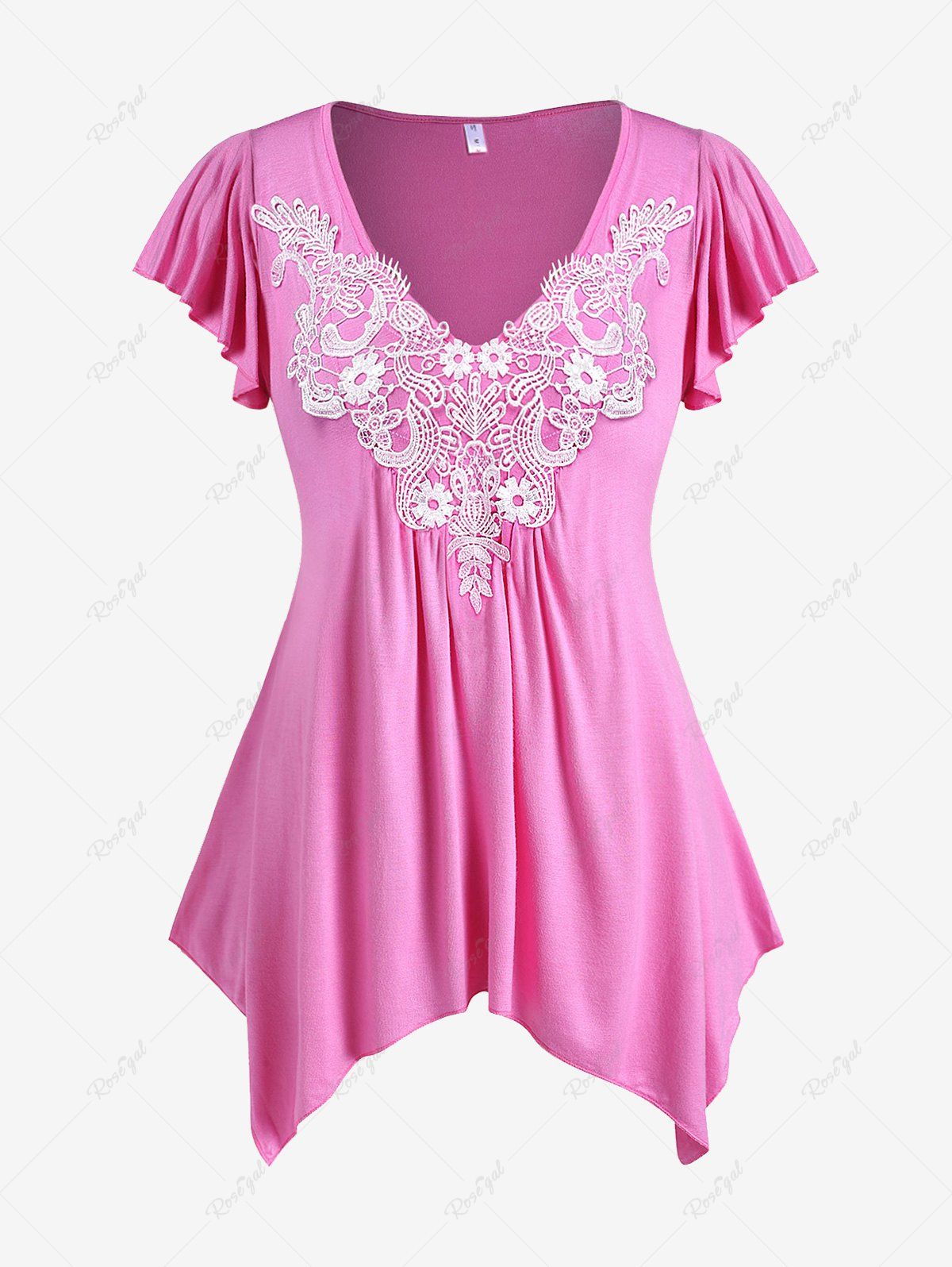 Affordable Plus Size Flutter Sleeve Contrast Lace Handkerchief Tee  