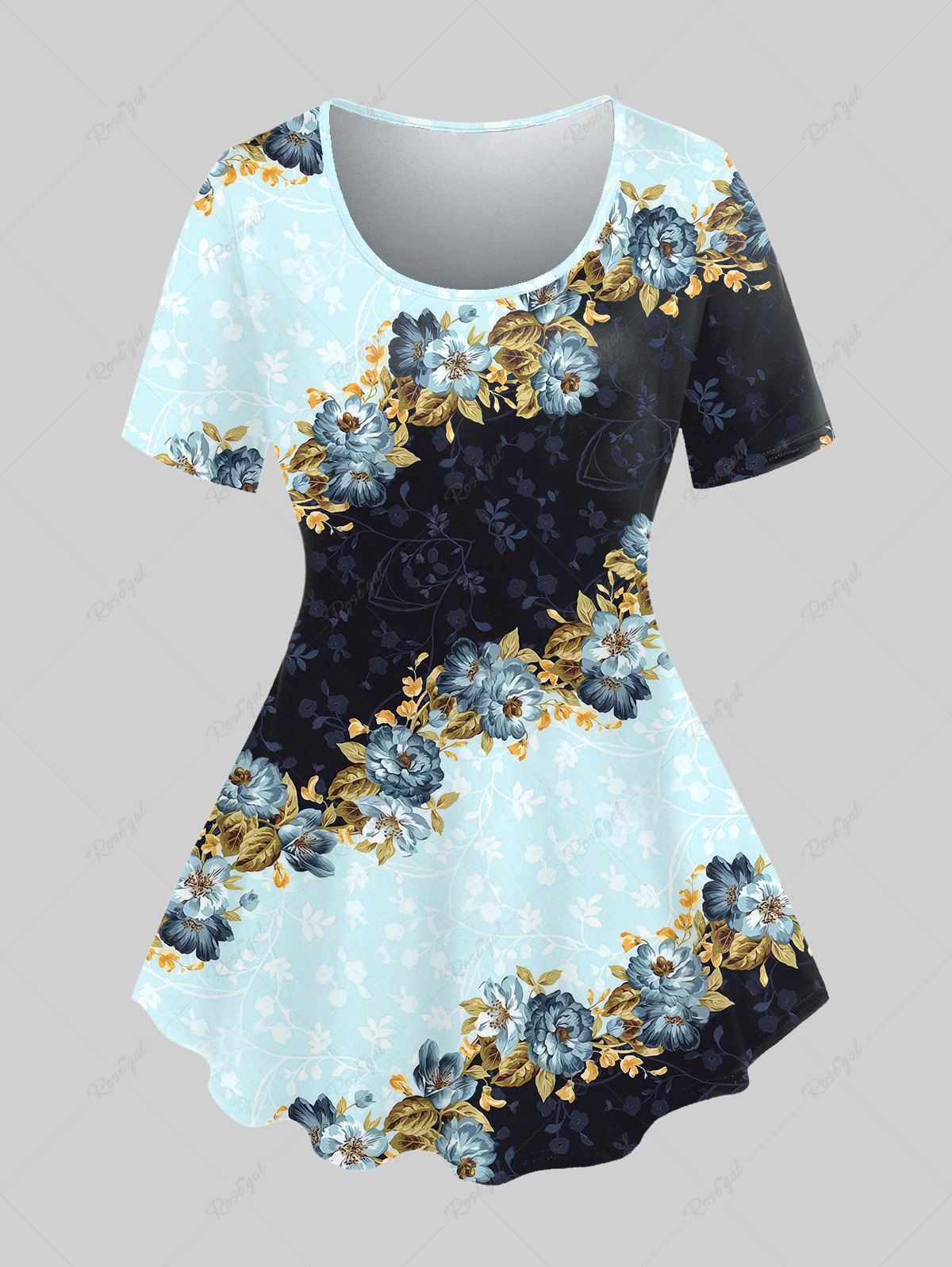 T-shirt Vintage Floral Imprimé de Grande Taille Bleu clair 1X | US 14-16