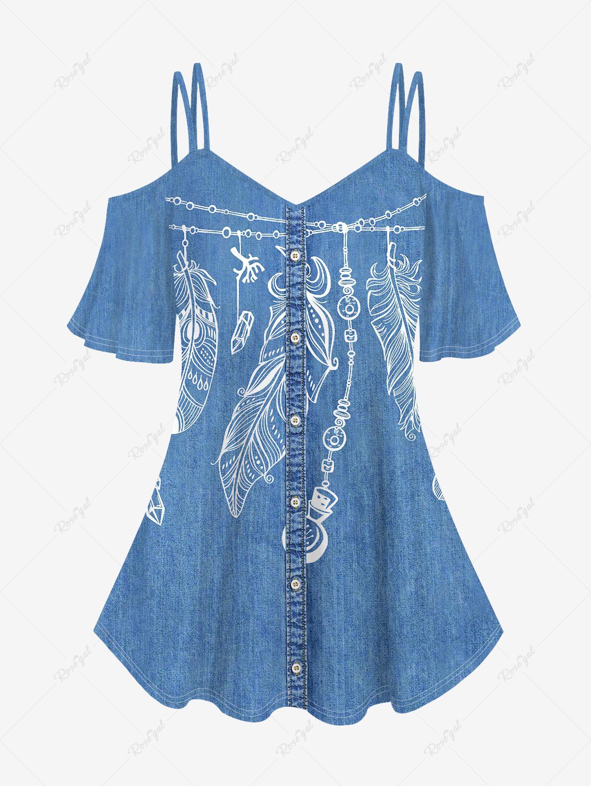 T-shirt à Bretelle Feuille et Chaîne Imprimée à Epaule Dénudée avec Boutons de Grande Taille Bleu clair 3X | US 22-24