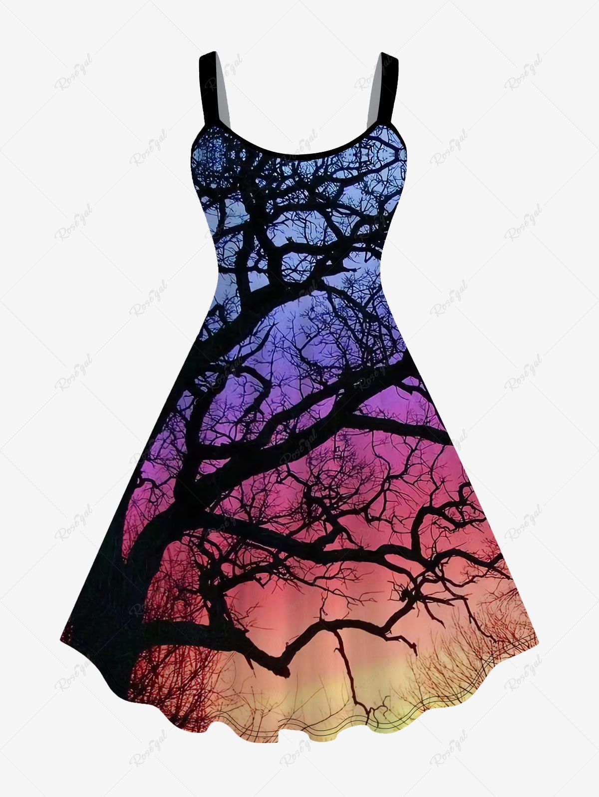 Unique Plus Size Cold Shoulder Tree Branch Sunset Printed A Line Dress  
