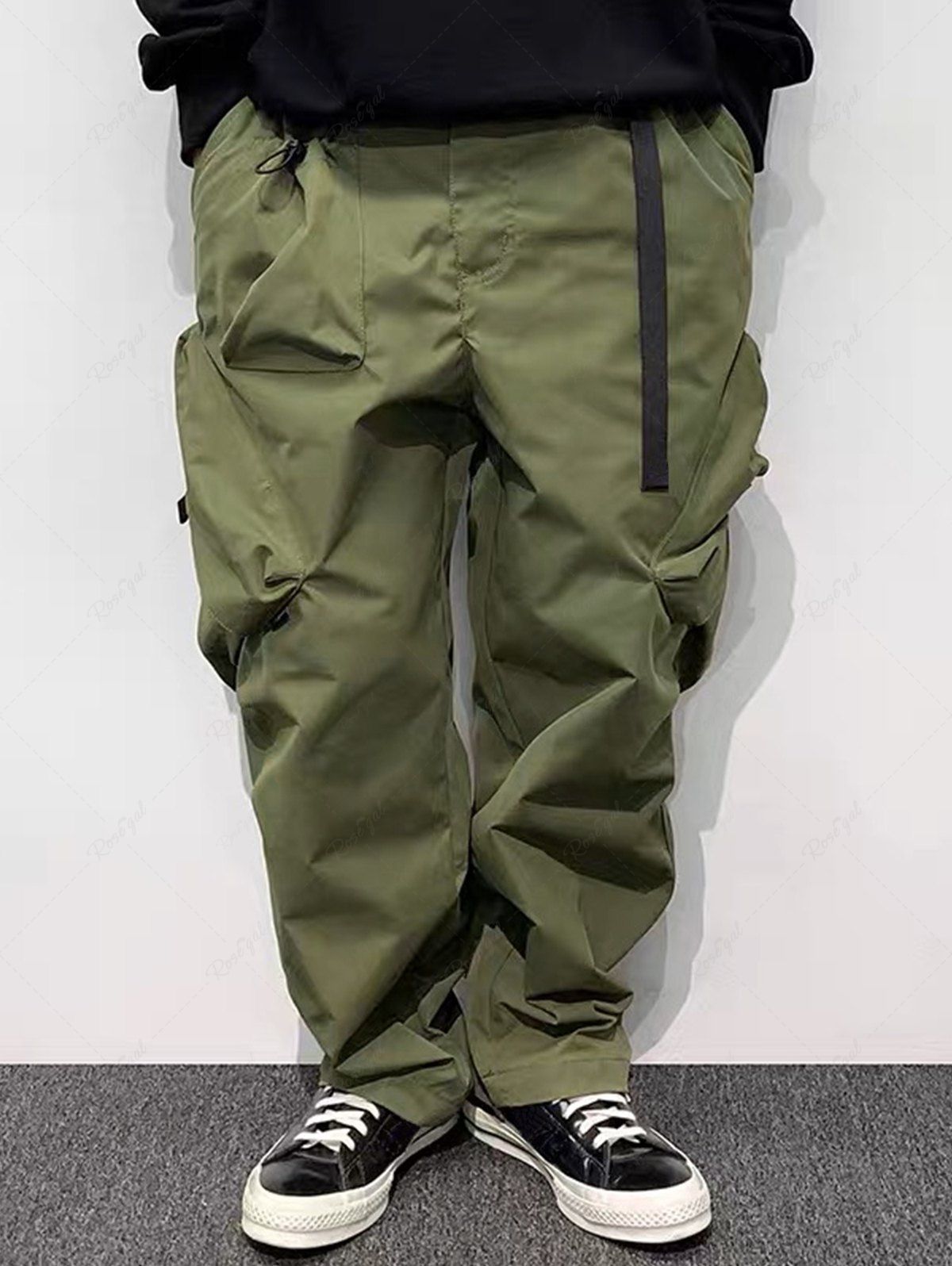 Cheap Buckle Belt Solid Color Windbreaker Cargo Parachute Pants  