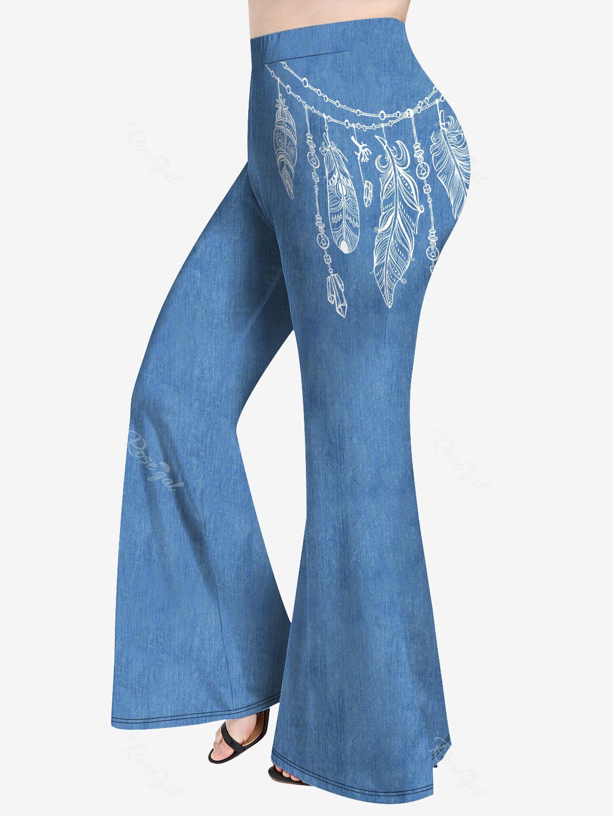 Pantalon Evasé 3D Chaîne et Plume Imprimée de Grande Taille Bleu clair 5x | US 30-32