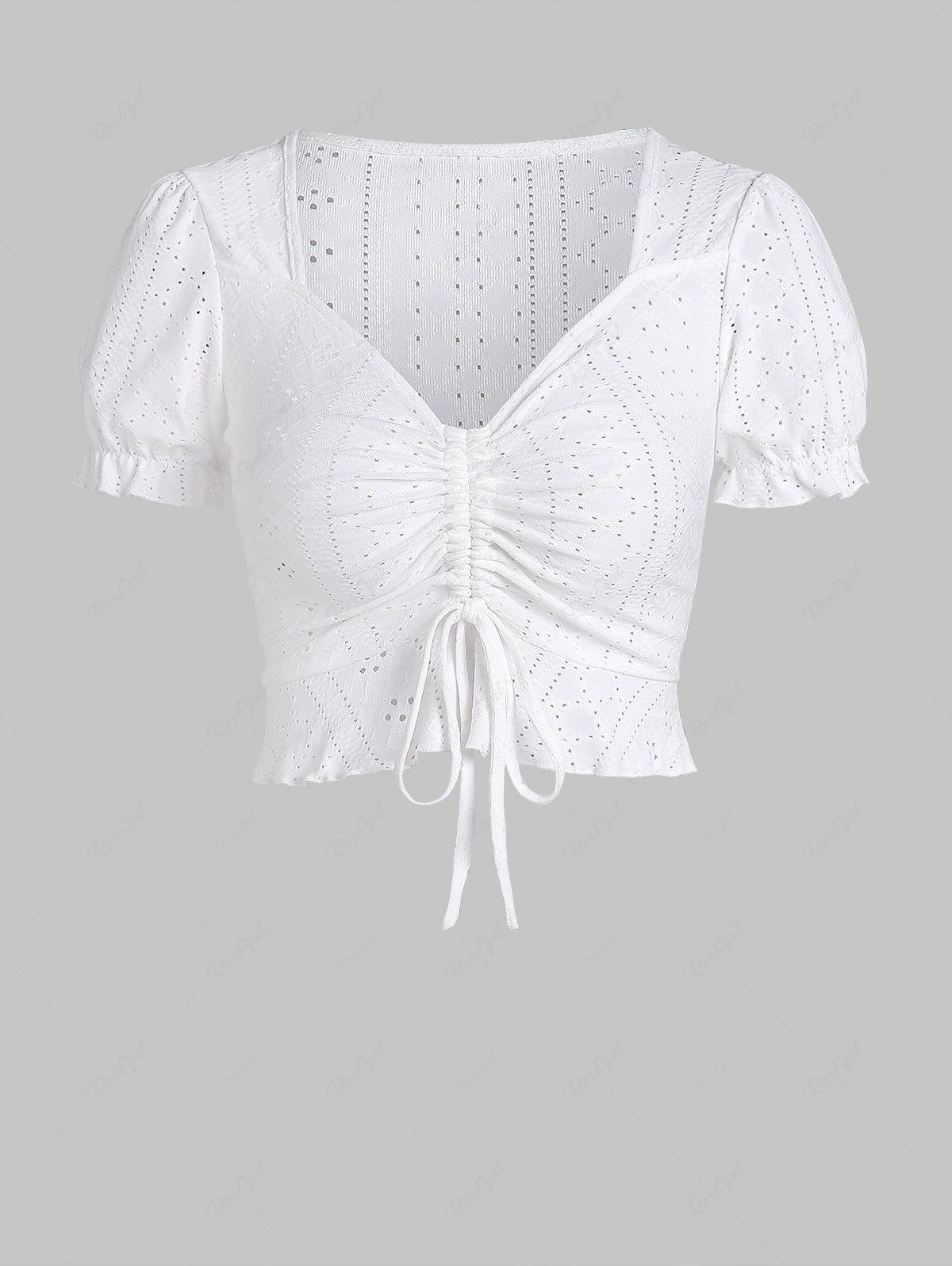 Shop V Neck Ruffle Short Sleeves Eyelet Openwork Cinched Crop Tee  