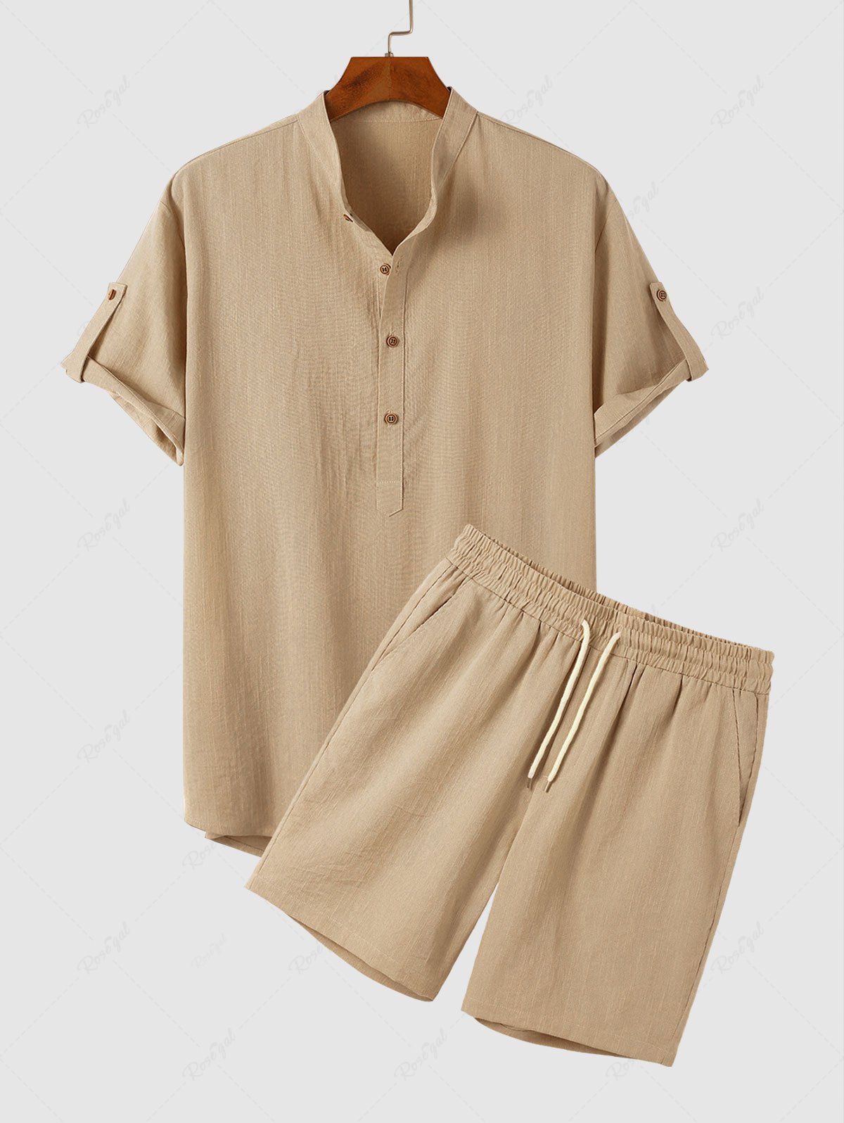 Fashion Half Button Roll Up Sleeves Popover Shirt With Drawstring Shorts Two Piece Set  