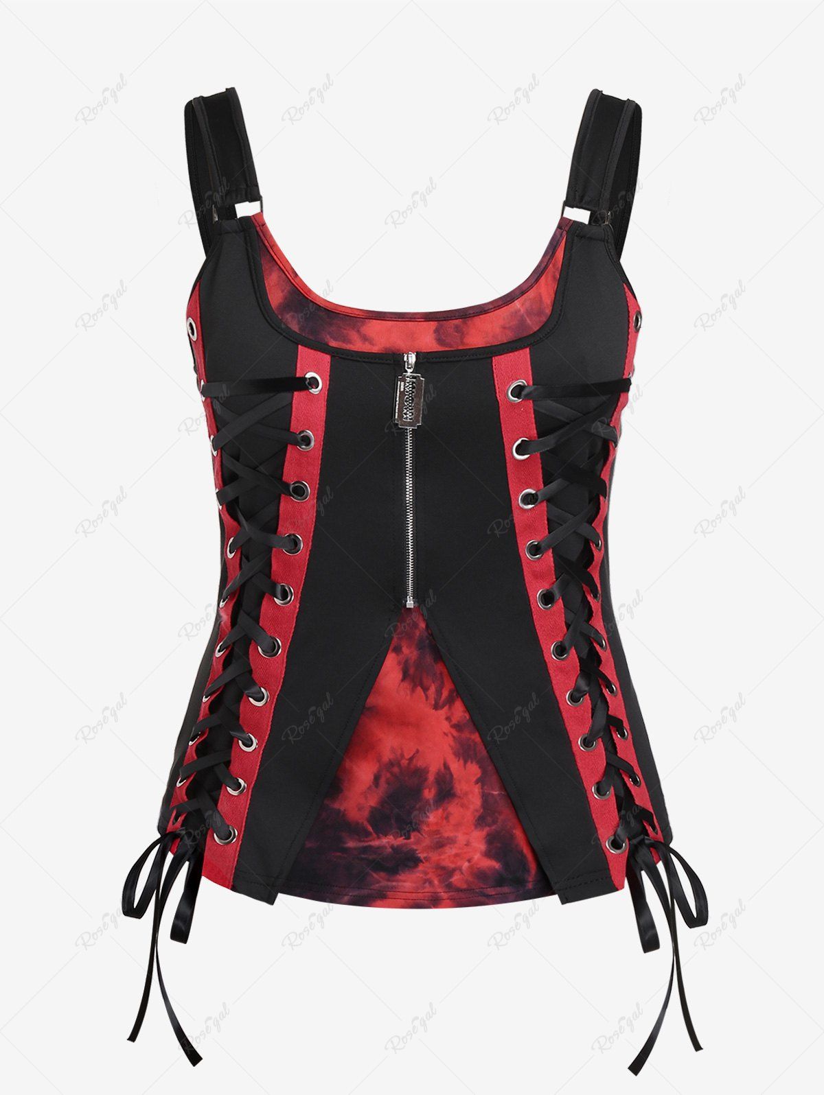 Online Gothic  Lace-up Tie Dye Zip Front Tank Top  