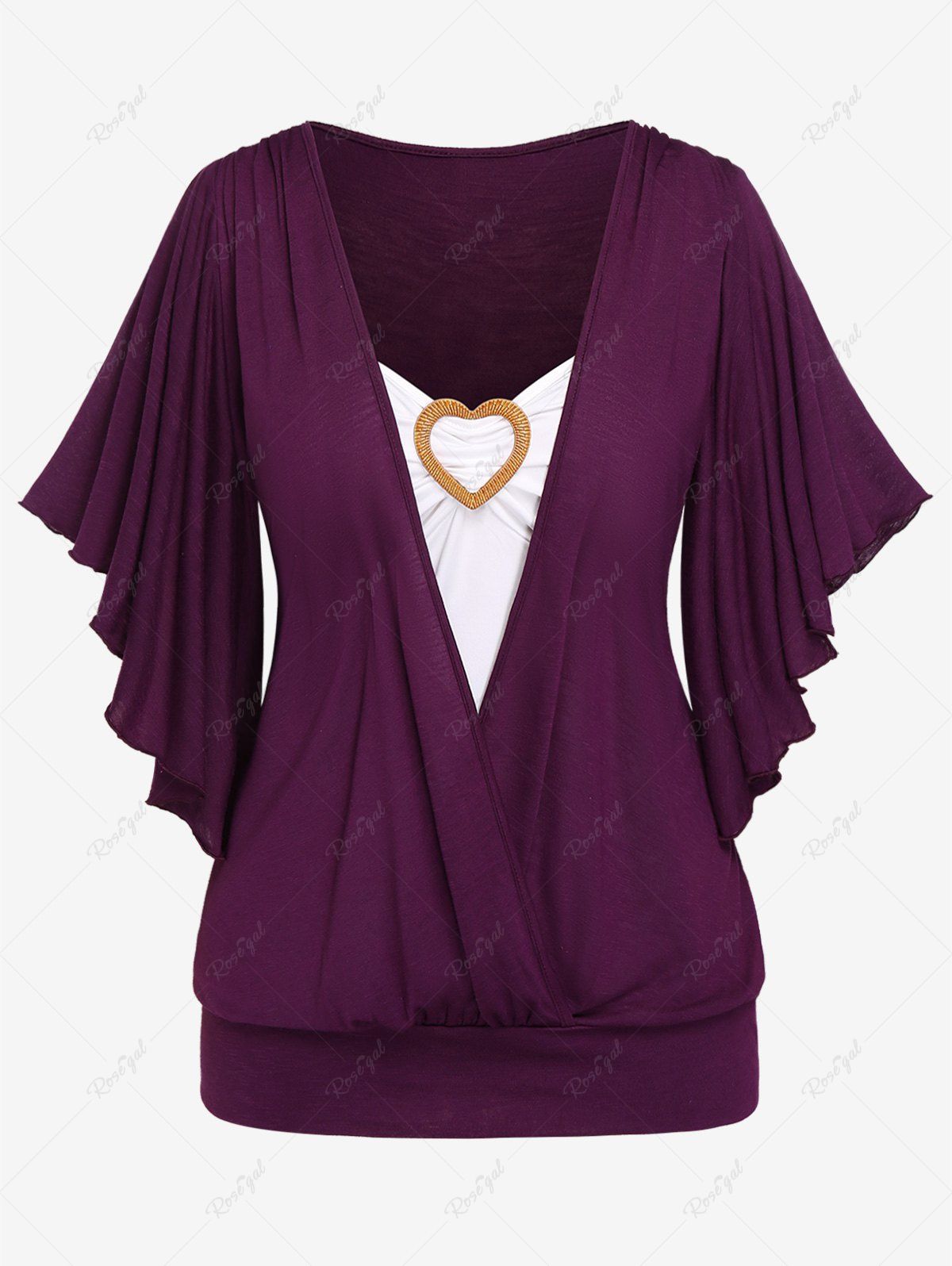 Fashion Plus Size Ruched Heart Buckle Surplice Butterfly Sleeves T-shirt  