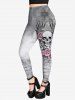 Gothic Skull Rose Wing Print Open Shoulder T-shirt and Skull Rose Print Leggings Outfit -  