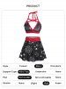 Ensemble de Bikini de Bain Matelassé Croisé Lune Etoile et Soleil à Col Halter - Noir XL