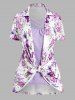 Contrast Colorblock Butterfly Flower Print Lattice Strap Turn Down Collar Faux Twinset T Shirt -  